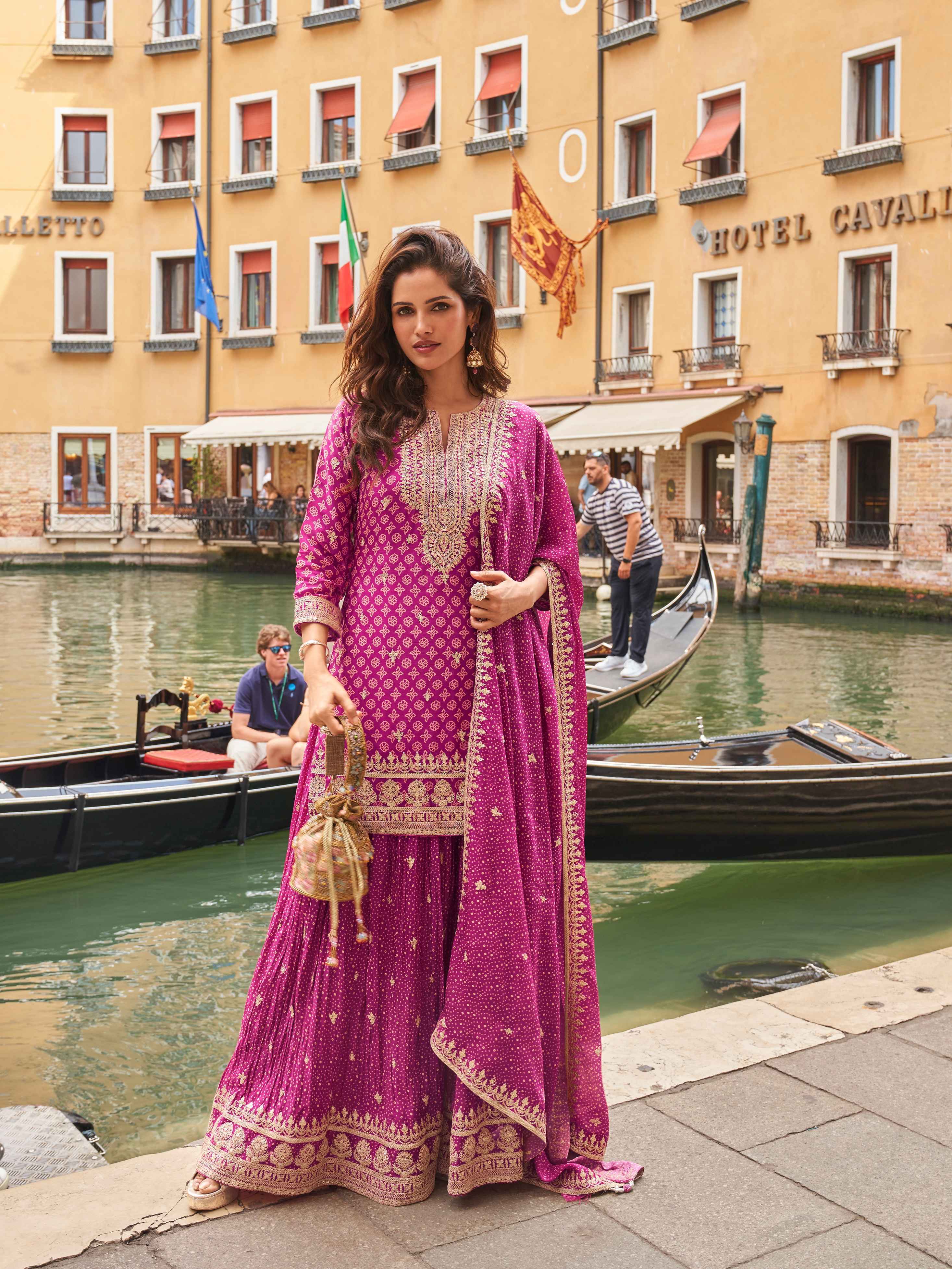 Magenta Chinon Silk Embroidered Sharara Suit with Dupatta