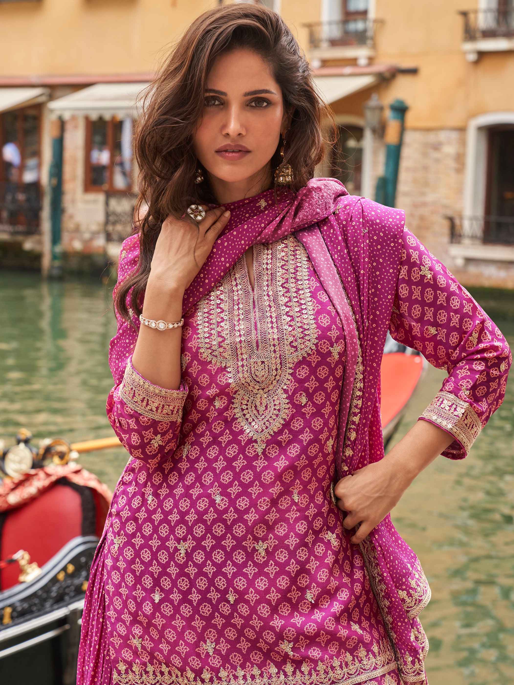 Magenta Chinon Silk Embroidered Sharara Suit with Dupatta