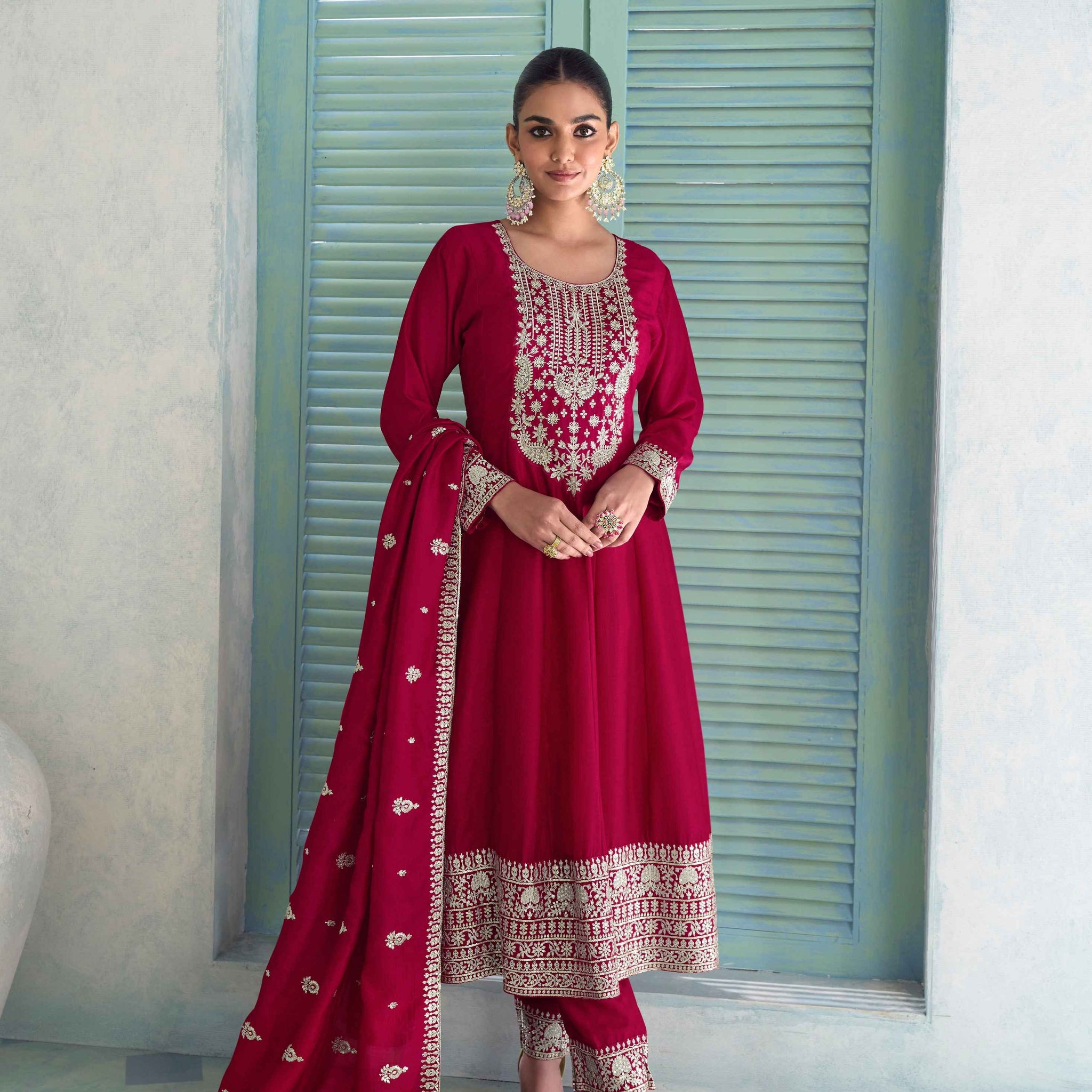 Red Premium Silk Embroidered Anarkali Suit with Dupatta