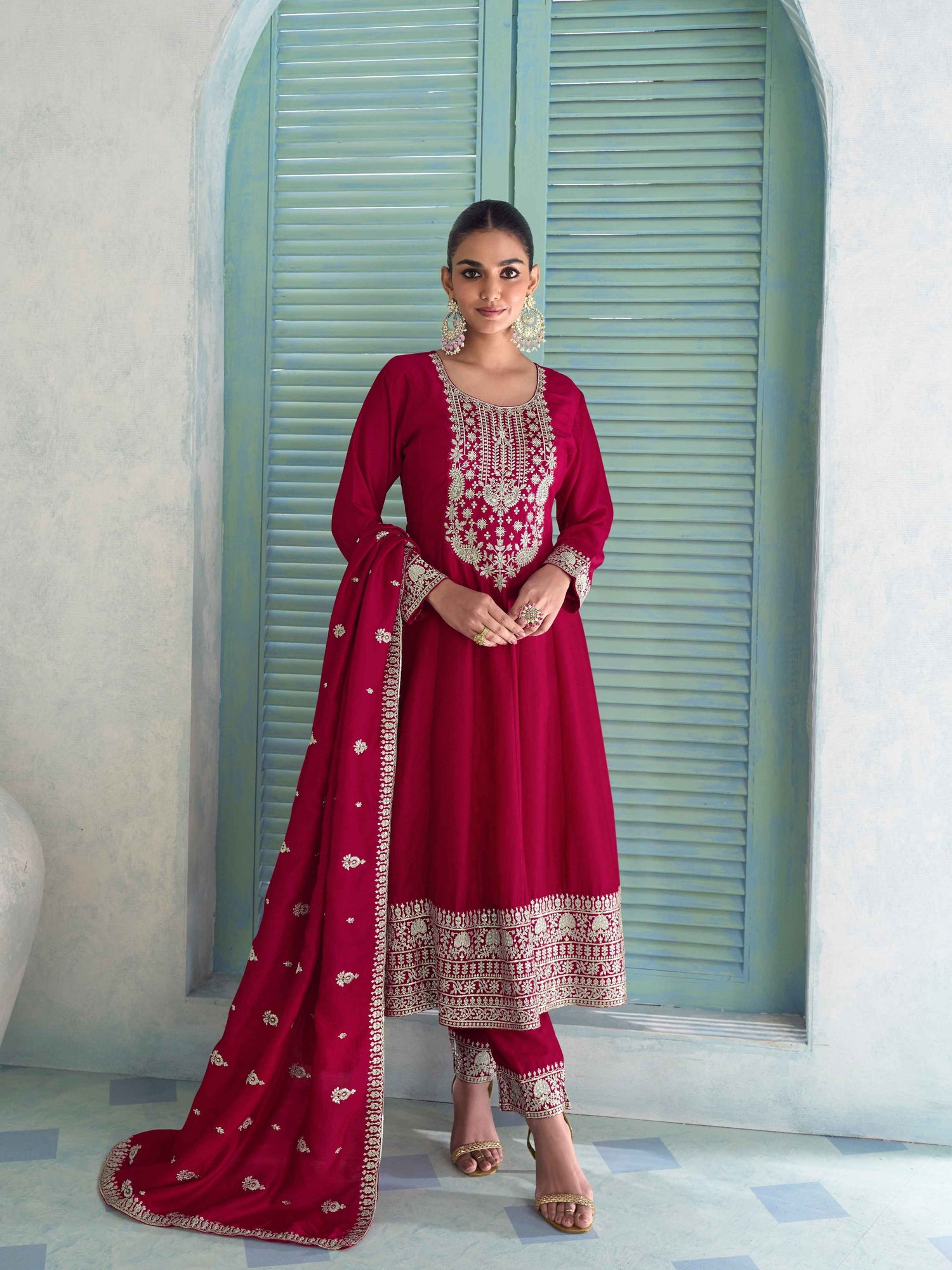 Red Premium Silk Embroidered Anarkali Suit with Dupatta Anarkali Suit Anant Tex Exports Pvt.Ltd..