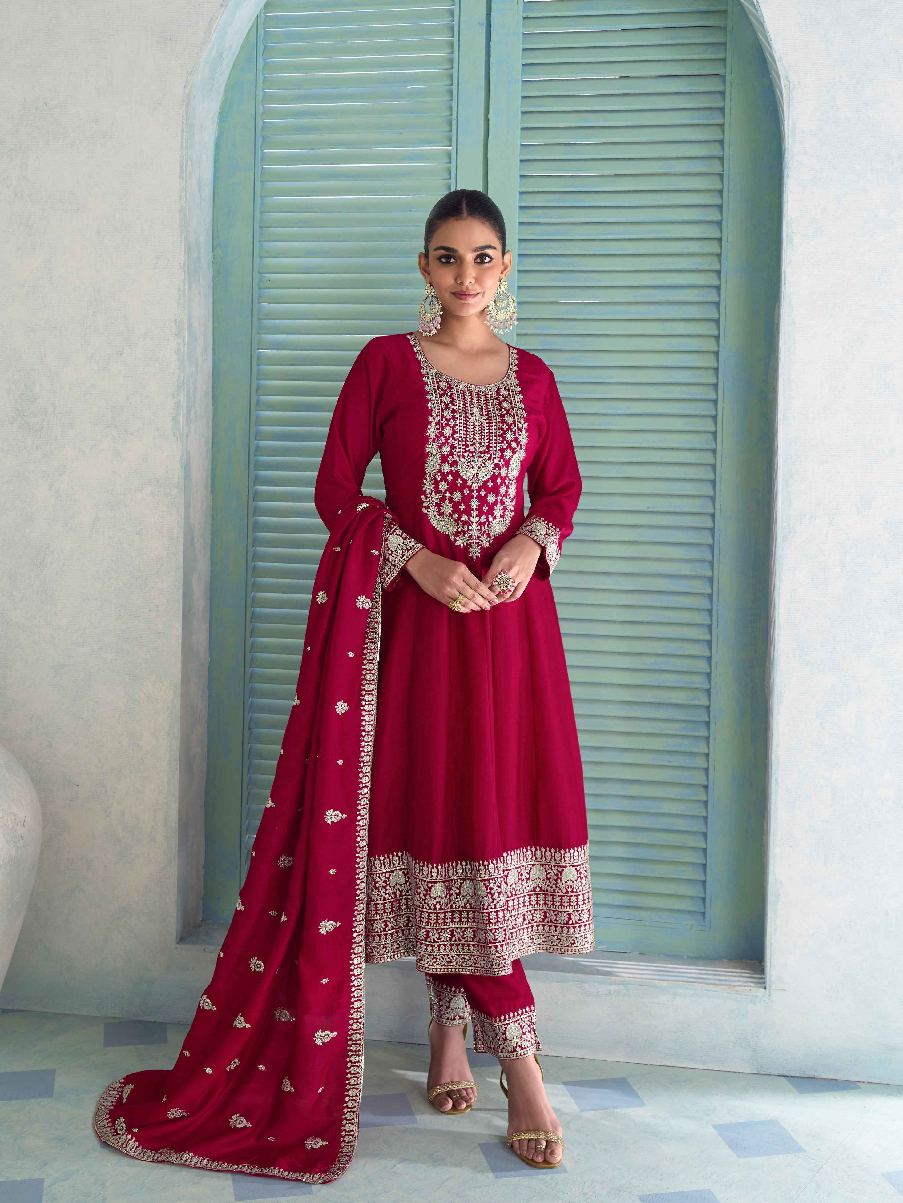 Red Premium Silk Embroidered Anarkali Suit with Dupatta Anarkali Suit Anant Tex Exports Pvt.Ltd..