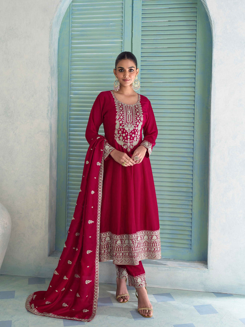 Red Premium Silk Embroidered Anarkali Suit with Dupatta