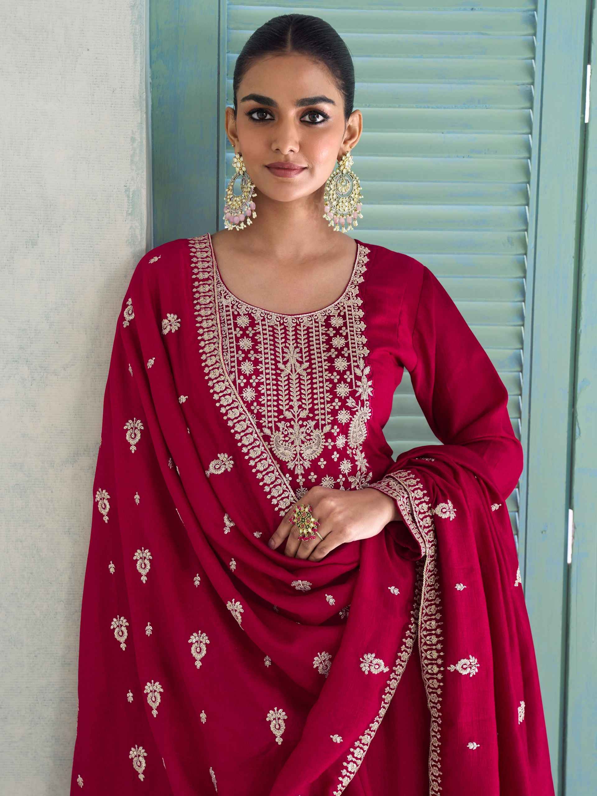 Red Premium Silk Embroidered Anarkali Suit with Dupatta Anarkali Suit Anant Tex Exports Pvt.Ltd..