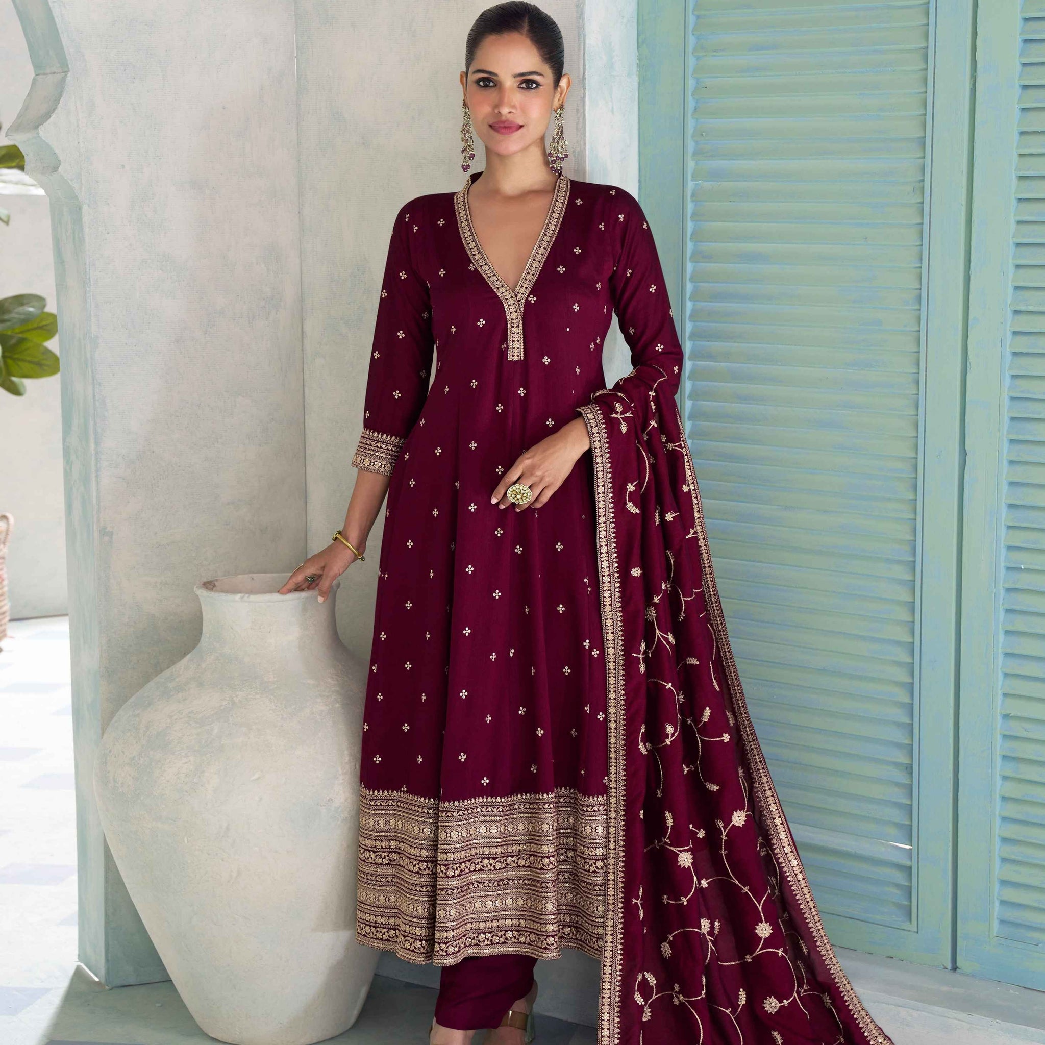 Maroon Embroidered Premium Silk Anarkali Suit