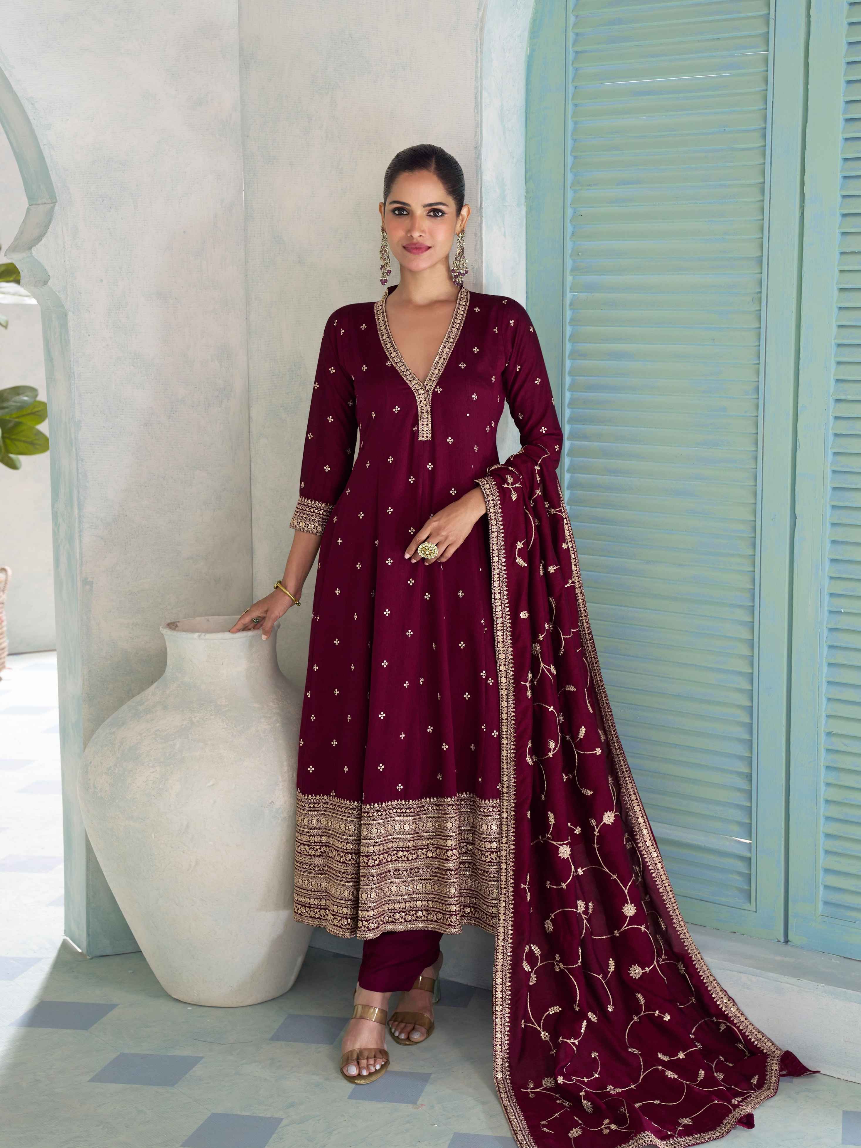 Maroon Embroidered Premium Silk Anarkali Suit