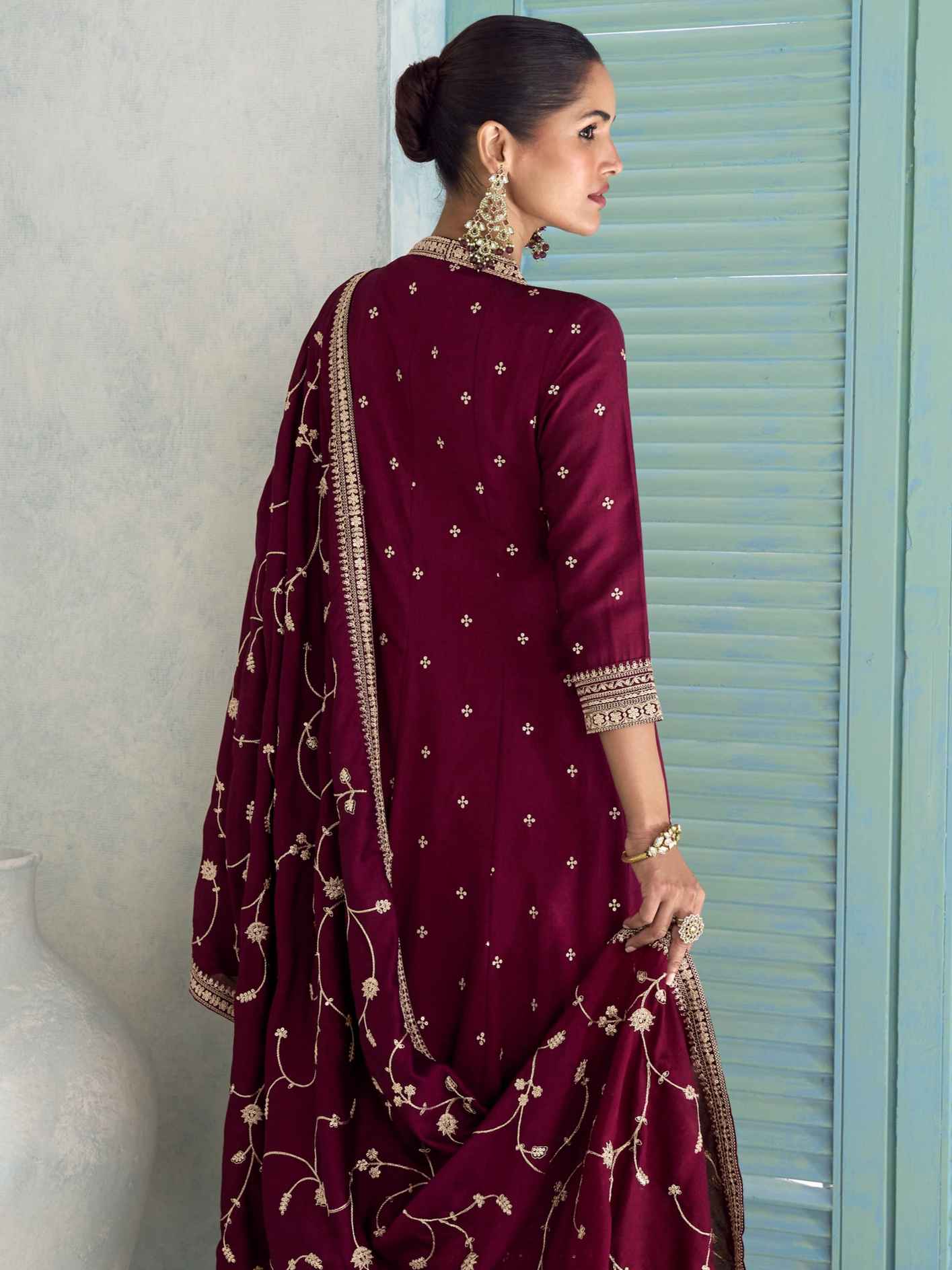 Maroon Embroidered Premium Silk Anarkali Suit Anarkali Suit Anant Tex Exports Pvt.Ltd..