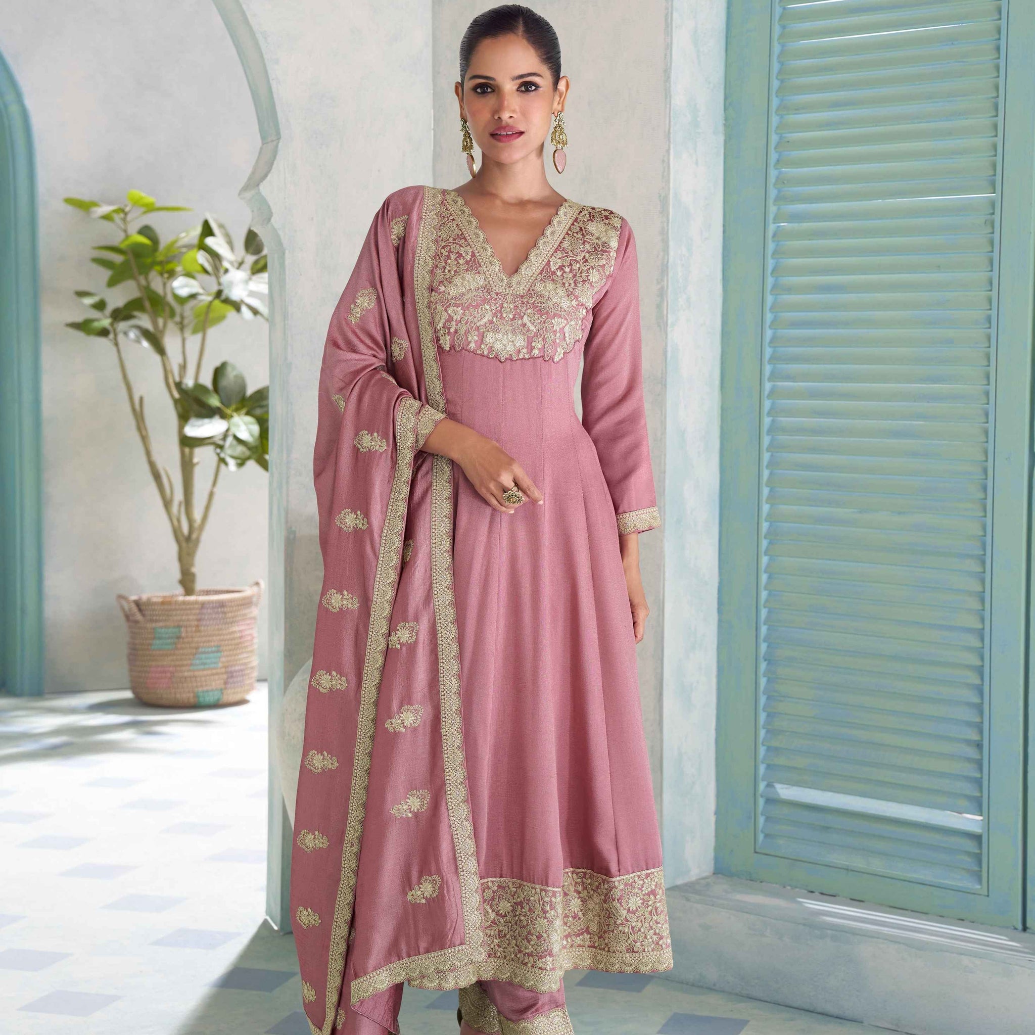 Pink Premium Silk Embroidered Anarkali Suit with Dupatta