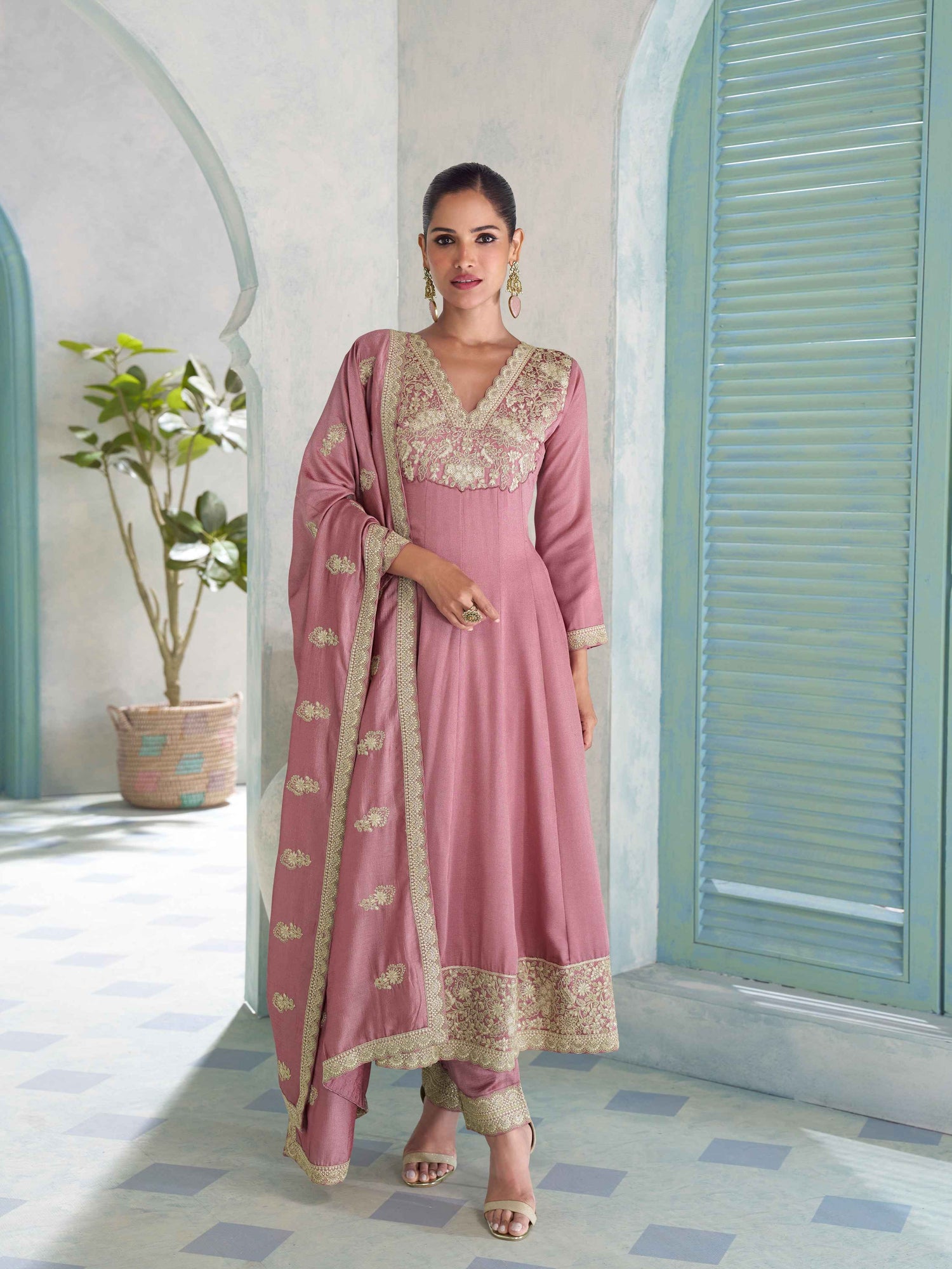Pink Premium Silk Embroidered Anarkali Suit with Dupatta Anarkali Suit Anant Tex Exports Pvt.Ltd..