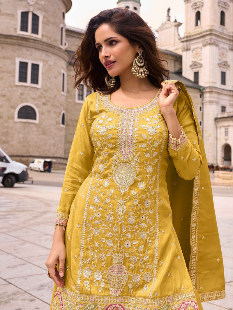 Mustard Yellow Embroidered Simar Silk Palazzo Suit