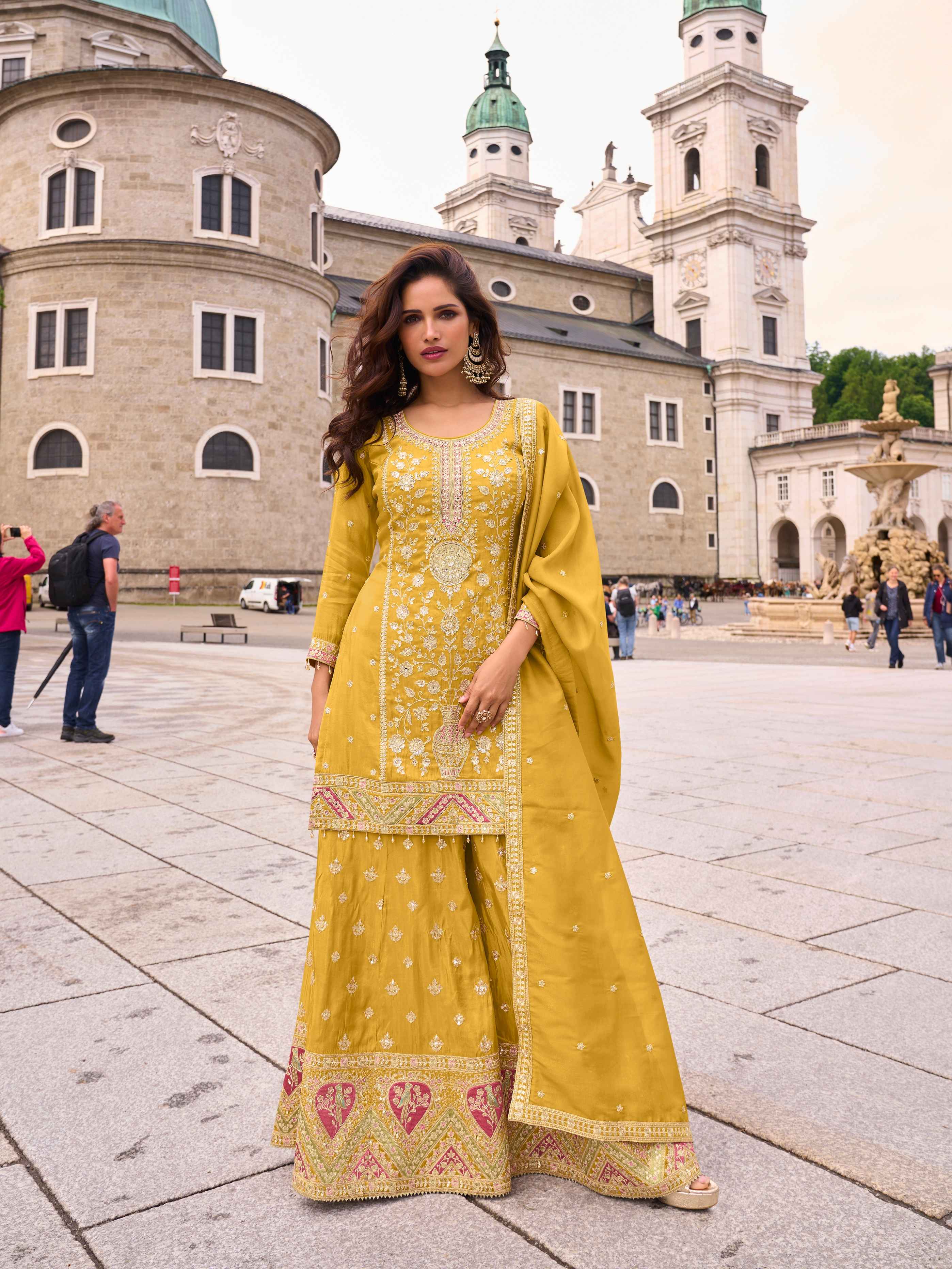 Mustard Yellow Embroidered Simar Silk Palazzo Suit
