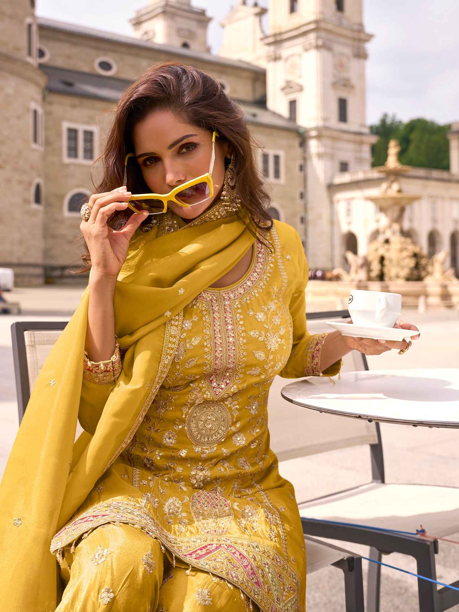 Mustard Yellow Embroidered Simar Silk Palazzo Suit