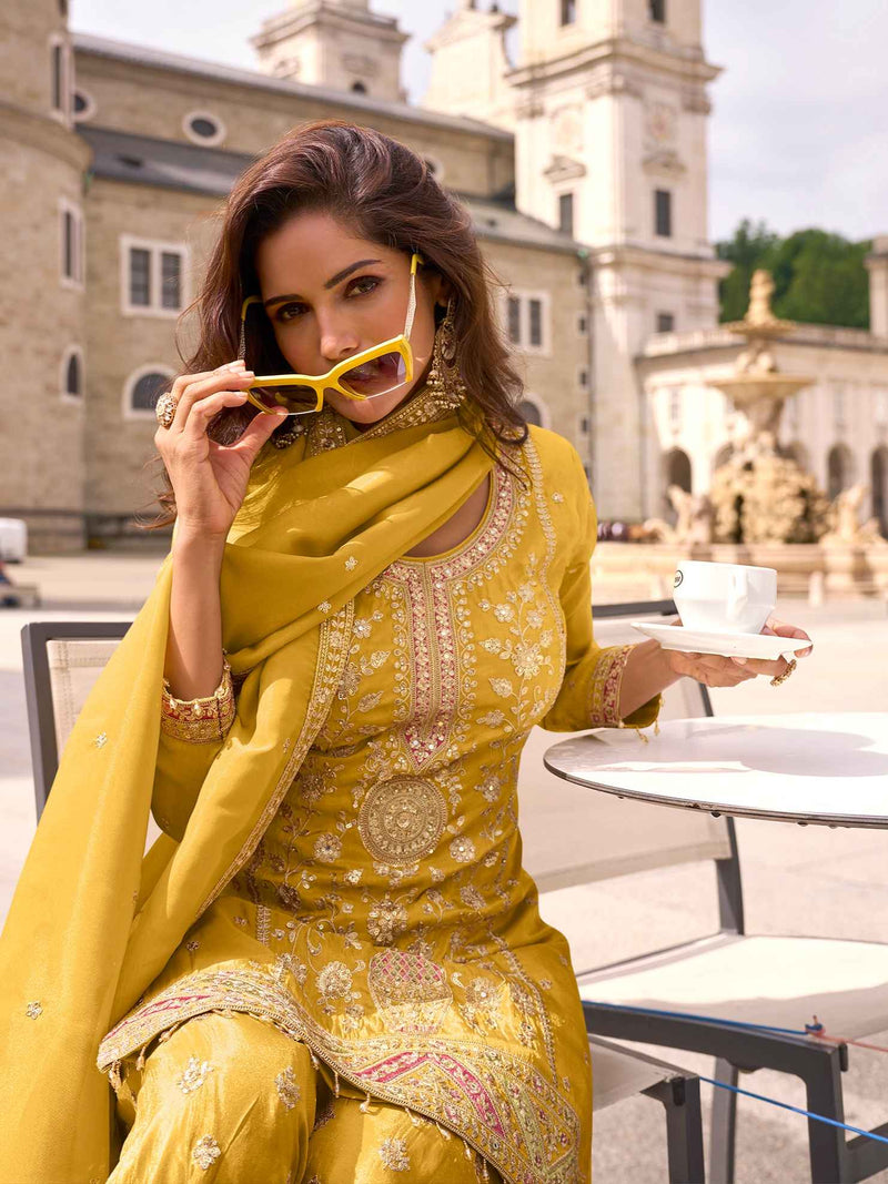 Mustard Yellow Embroidered Simar Silk Palazzo Suit