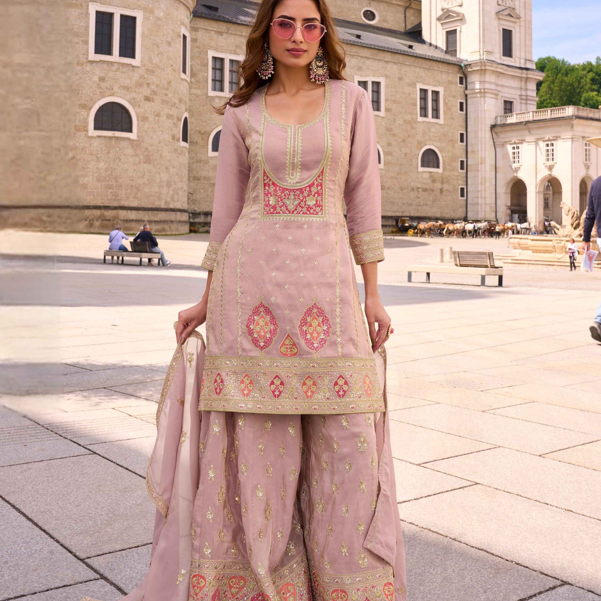 Mauve Pink Simar Silk Embroidered Palazzo Suit with Dupatta