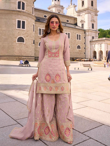 Mauve Pink Simar Silk Embroidered Palazzo Suit with Dupatta