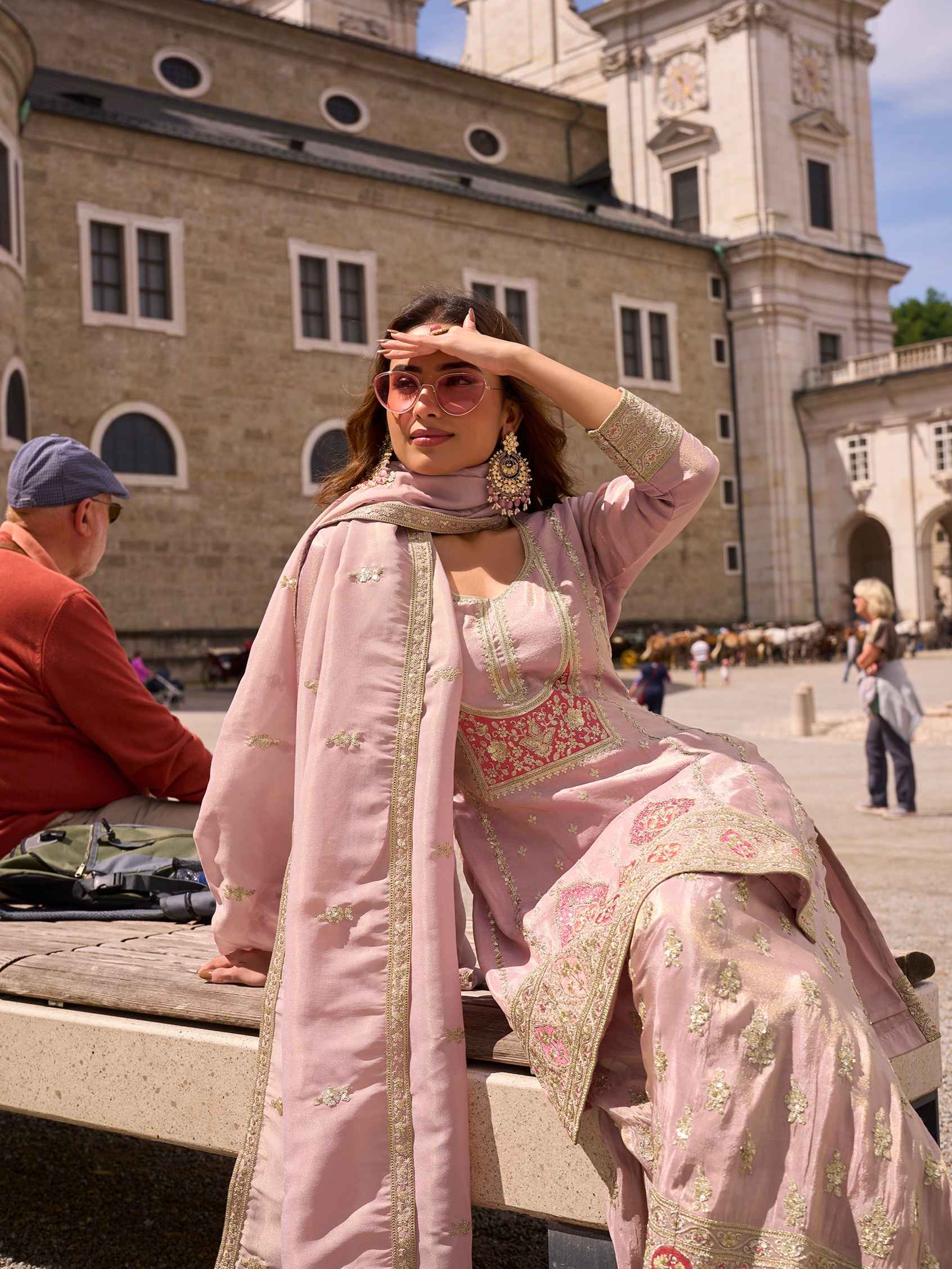 Mauve Pink Simar Silk Embroidered Palazzo Suit with Dupatta