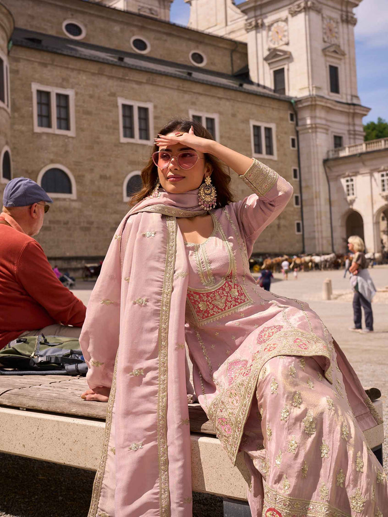 Mauve Pink Simar Silk Embroidered Palazzo Suit with Dupatta