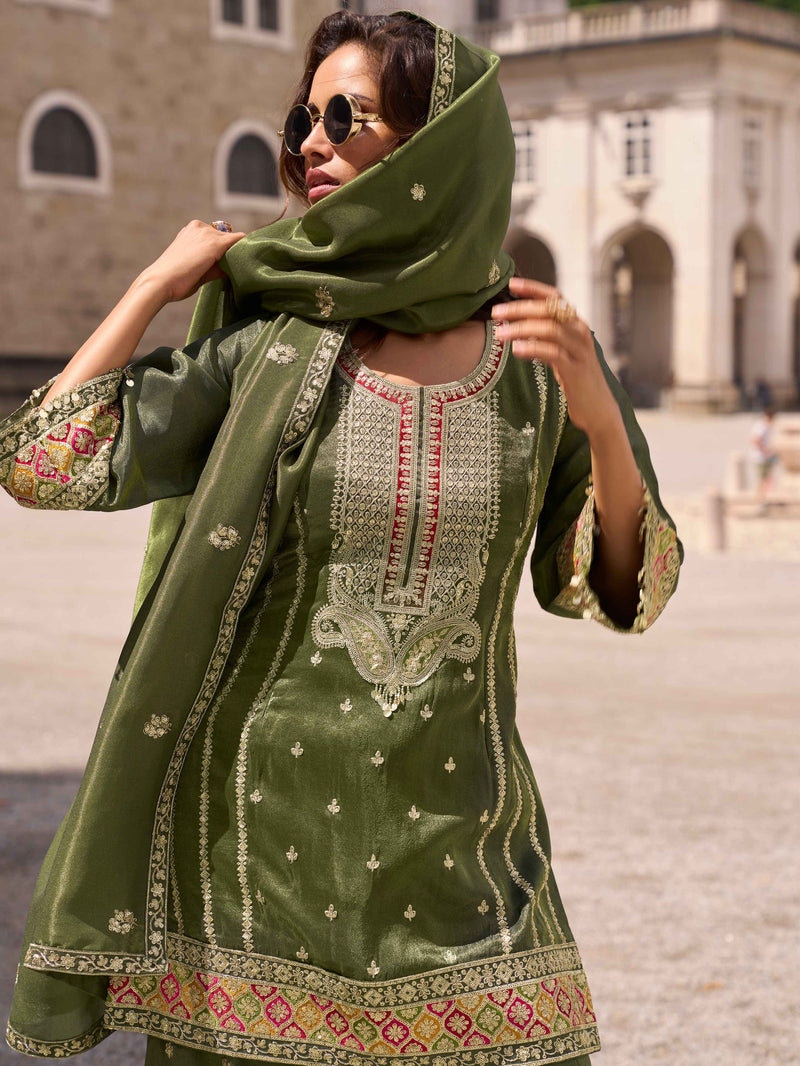 Dark Olive Green Embroidered Simar Silk Palazzo Suit