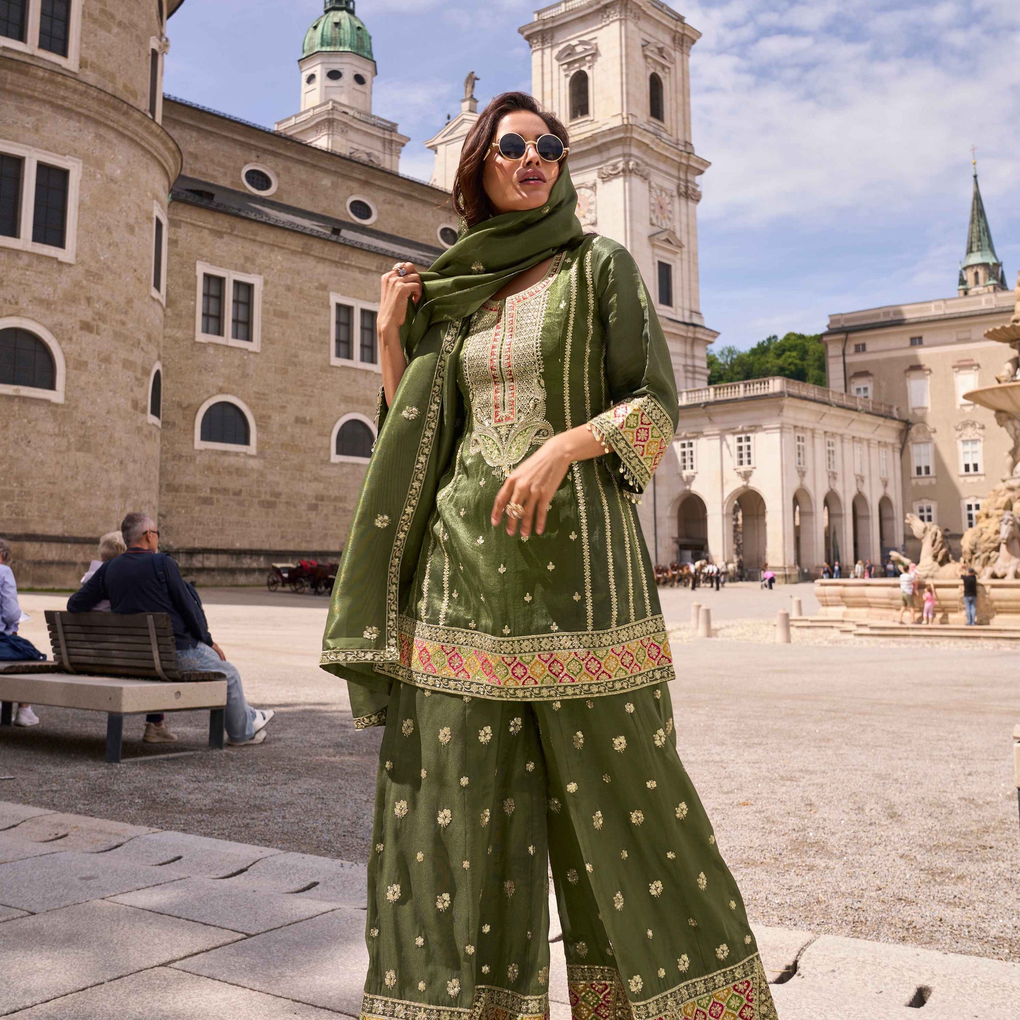 Dark Olive Green Embroidered Simar Silk Palazzo Suit
