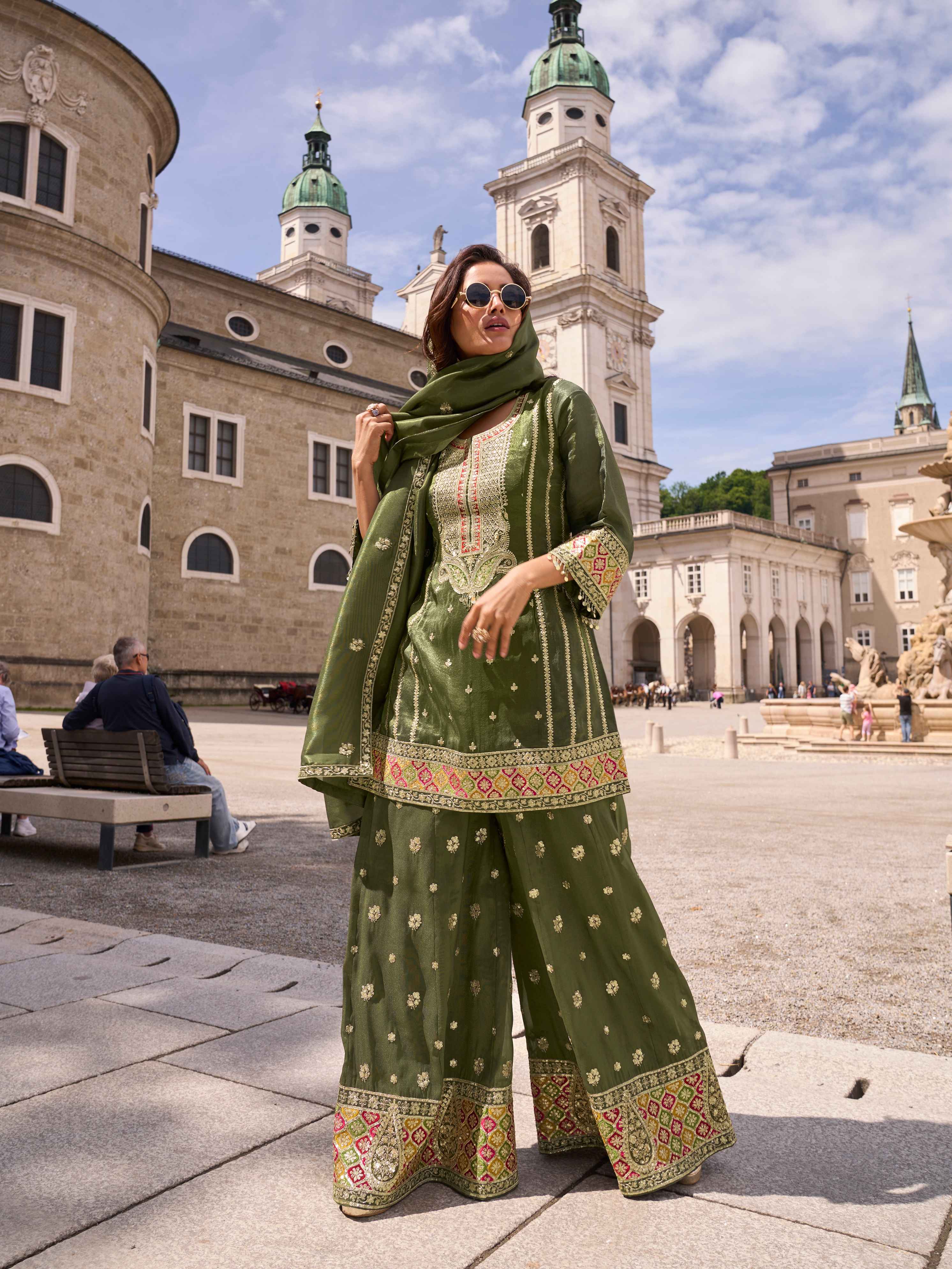 Dark Olive Green Embroidered Simar Silk Palazzo Suit