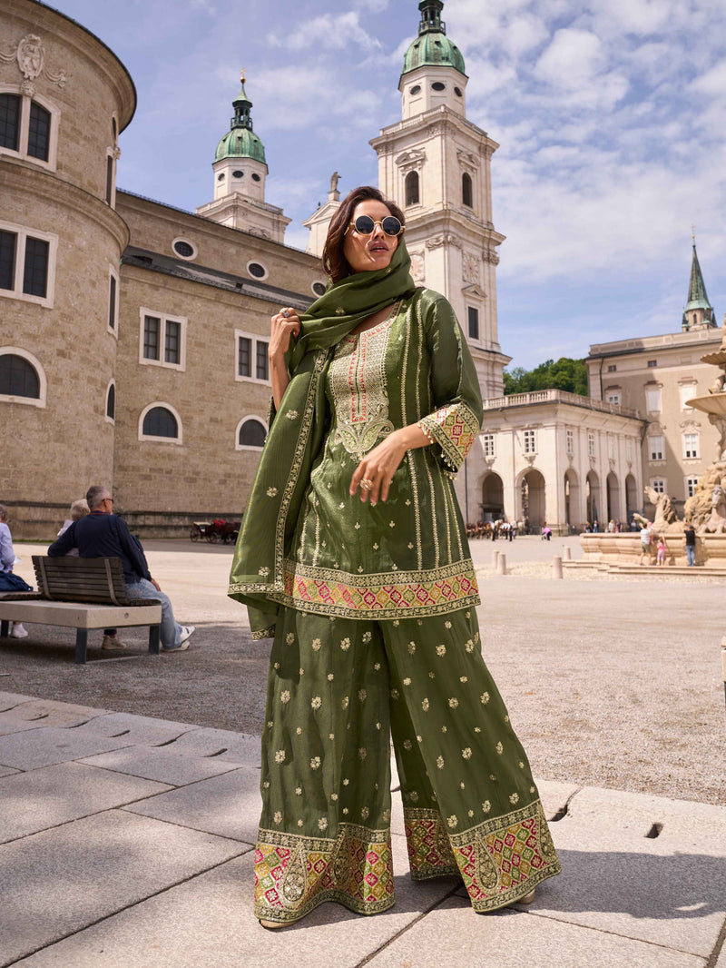 Dark Olive Green Embroidered Simar Silk Palazzo Suit