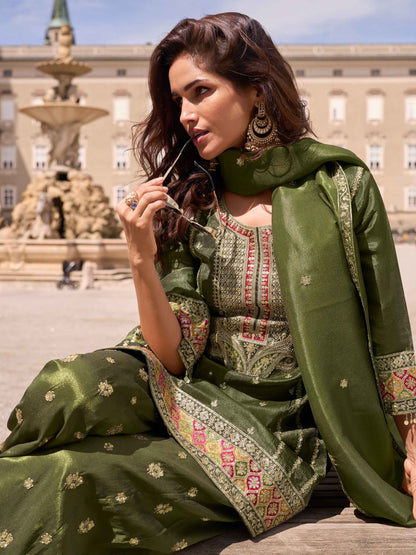 Dark Olive Green Embroidered Simar Silk Palazzo Suit Palazzo Suit Anant Tex Exports Pvt.Ltd..