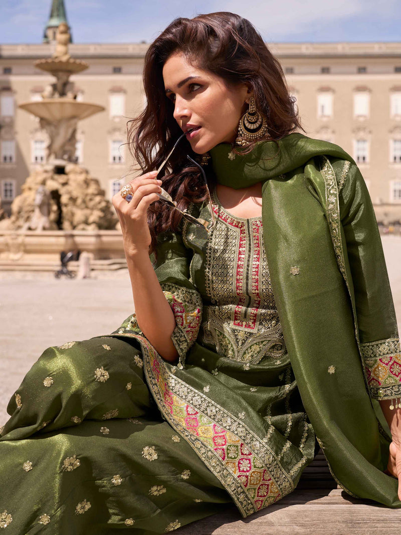 Dark Olive Green Embroidered Simar Silk Palazzo Suit
