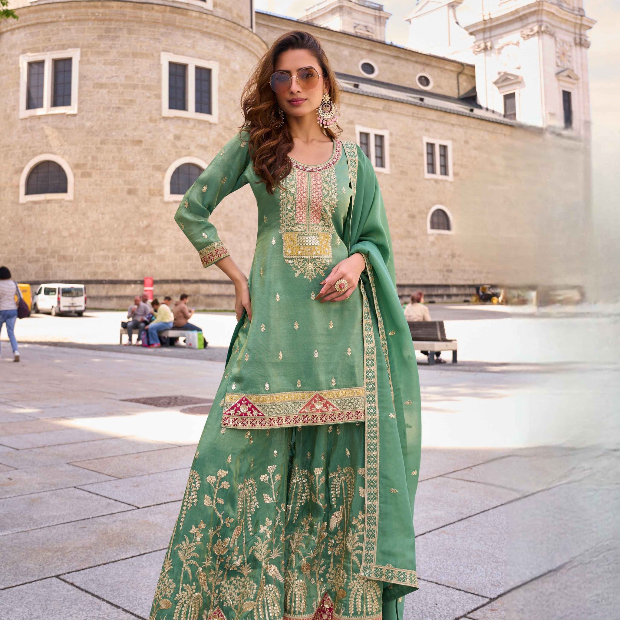 Light Pista Green Real Simar Silk Embroidered Palazzo Suit