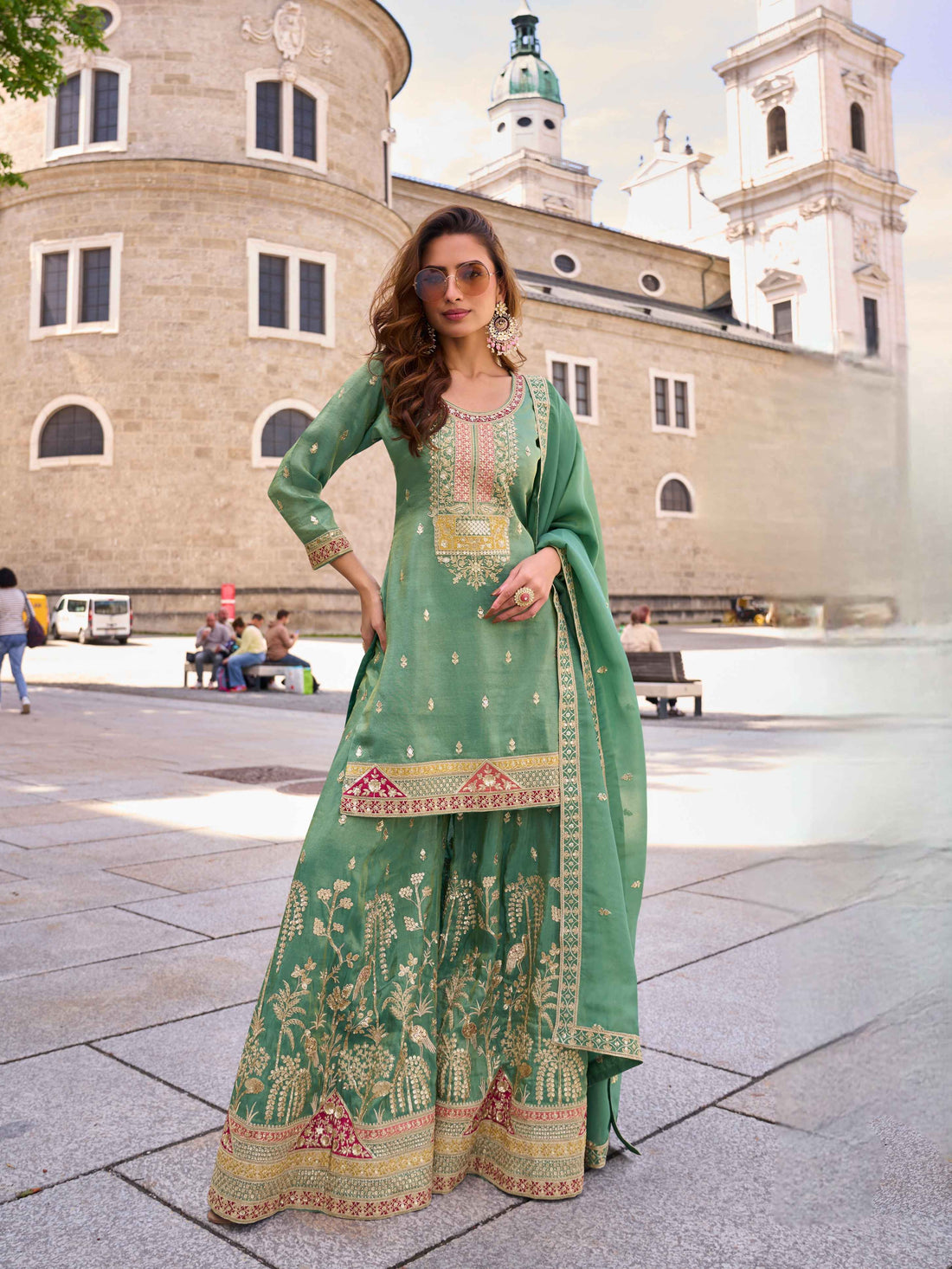 Light Pista Green Real Simar Silk Embroidered Palazzo Suit Palazzo Suit Anant Tex Exports Pvt.Ltd..