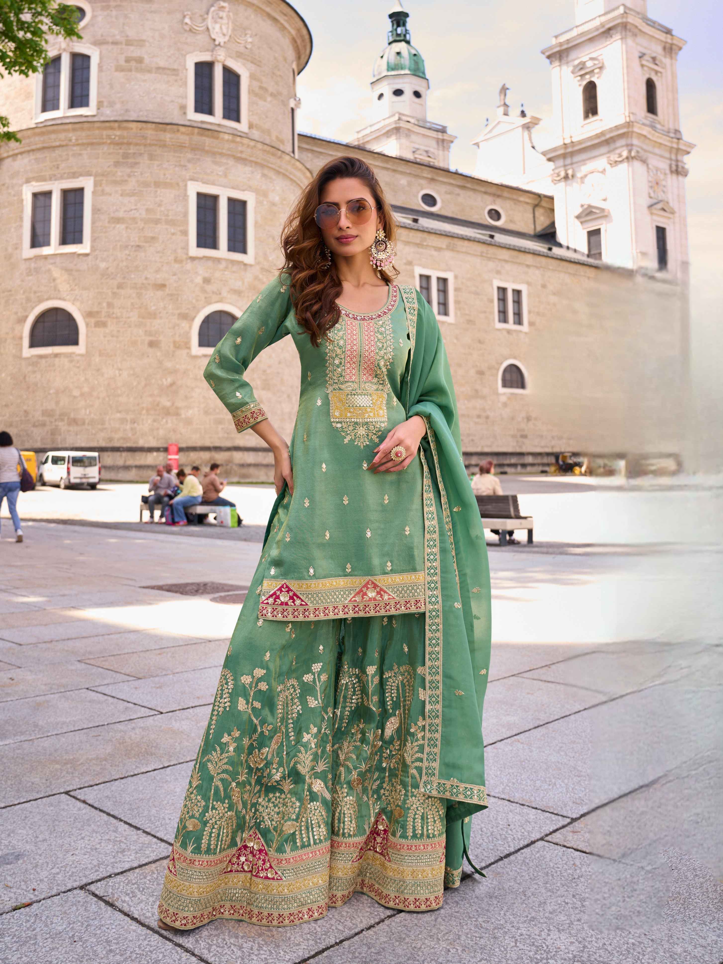 Light Pista Green Real Simar Silk Embroidered Palazzo Suit