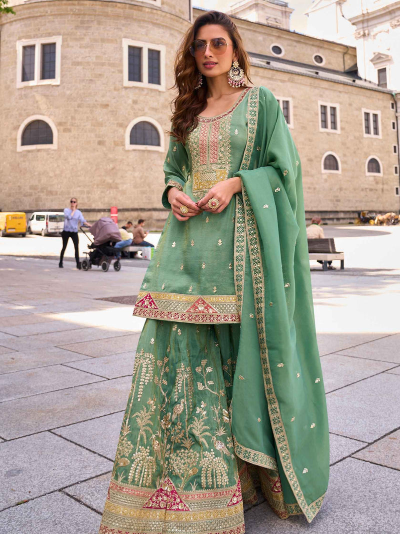 Light Pista Green Real Simar Silk Embroidered Palazzo Suit