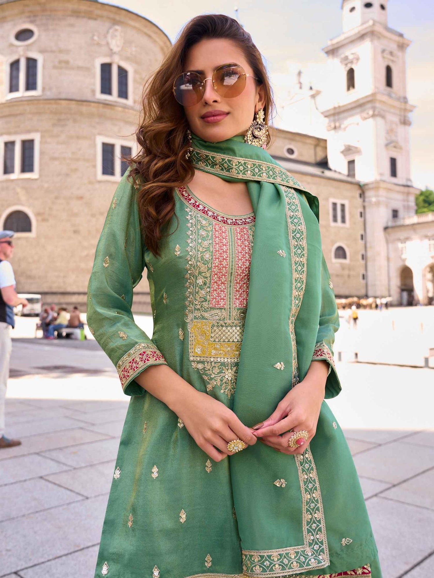 Light Pista Green Real Simar Silk Embroidered Palazzo Suit Palazzo Suit Anant Tex Exports Pvt.Ltd..