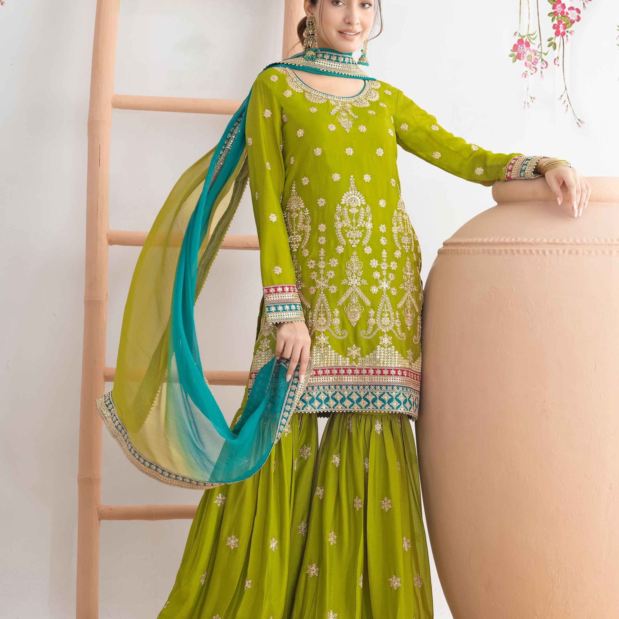 Green Heavy Embroidered Chinnon Sharara Suit with Dual Shade Dupatta