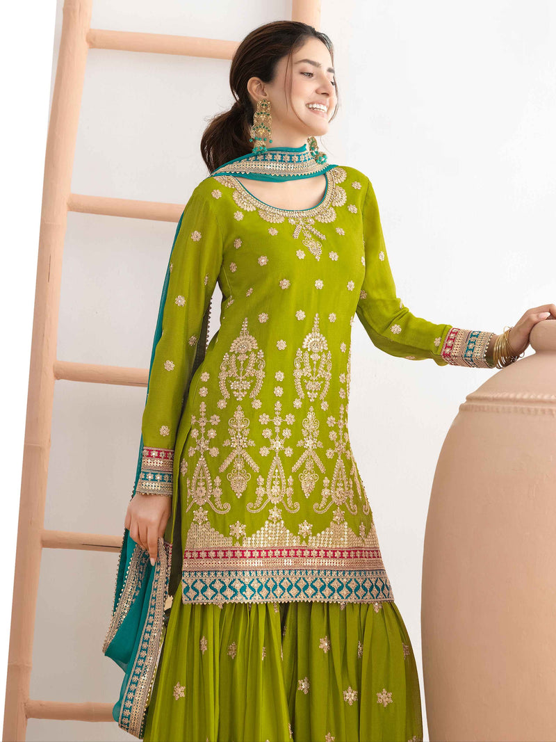 Green Heavy Embroidered Chinnon Sharara Suit with Dual Shade Dupatta