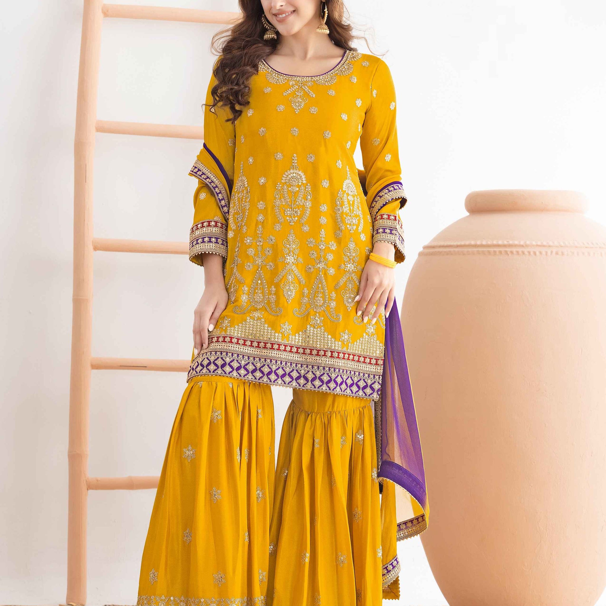 Mustard Yellow Festive Embroidered Chinnon Sharara Suit