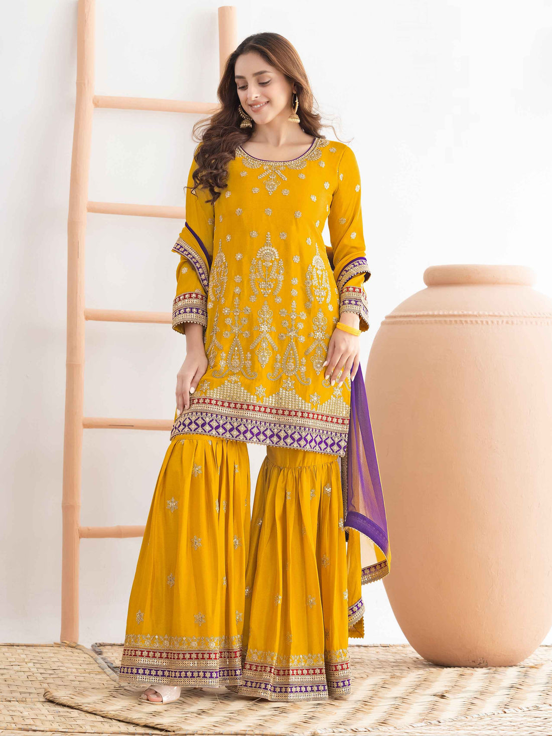 Mustard Yellow Festive Embroidered Chinnon Sharara Suit Sharara Suit Anant Tex Exports Pvt.Ltd..