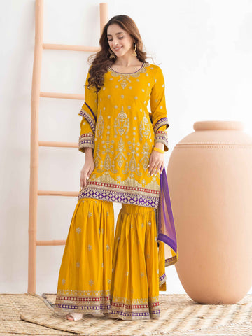 Mustard Yellow Festive Embroidered Chinnon Sharara Suit