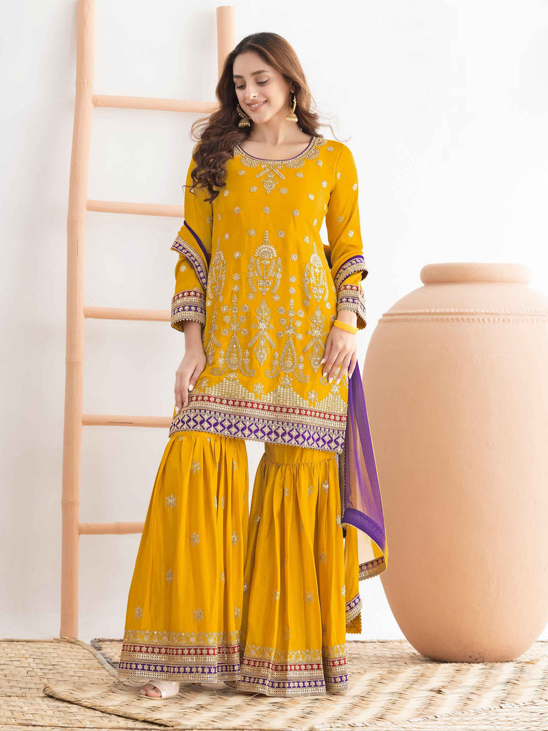 Mustard Yellow Festive Embroidered Chinnon Sharara Suit