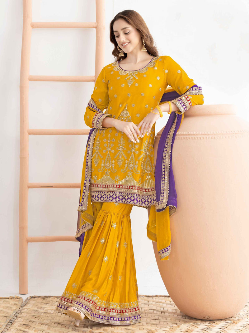 Mustard Yellow Festive Embroidered Chinnon Sharara Suit