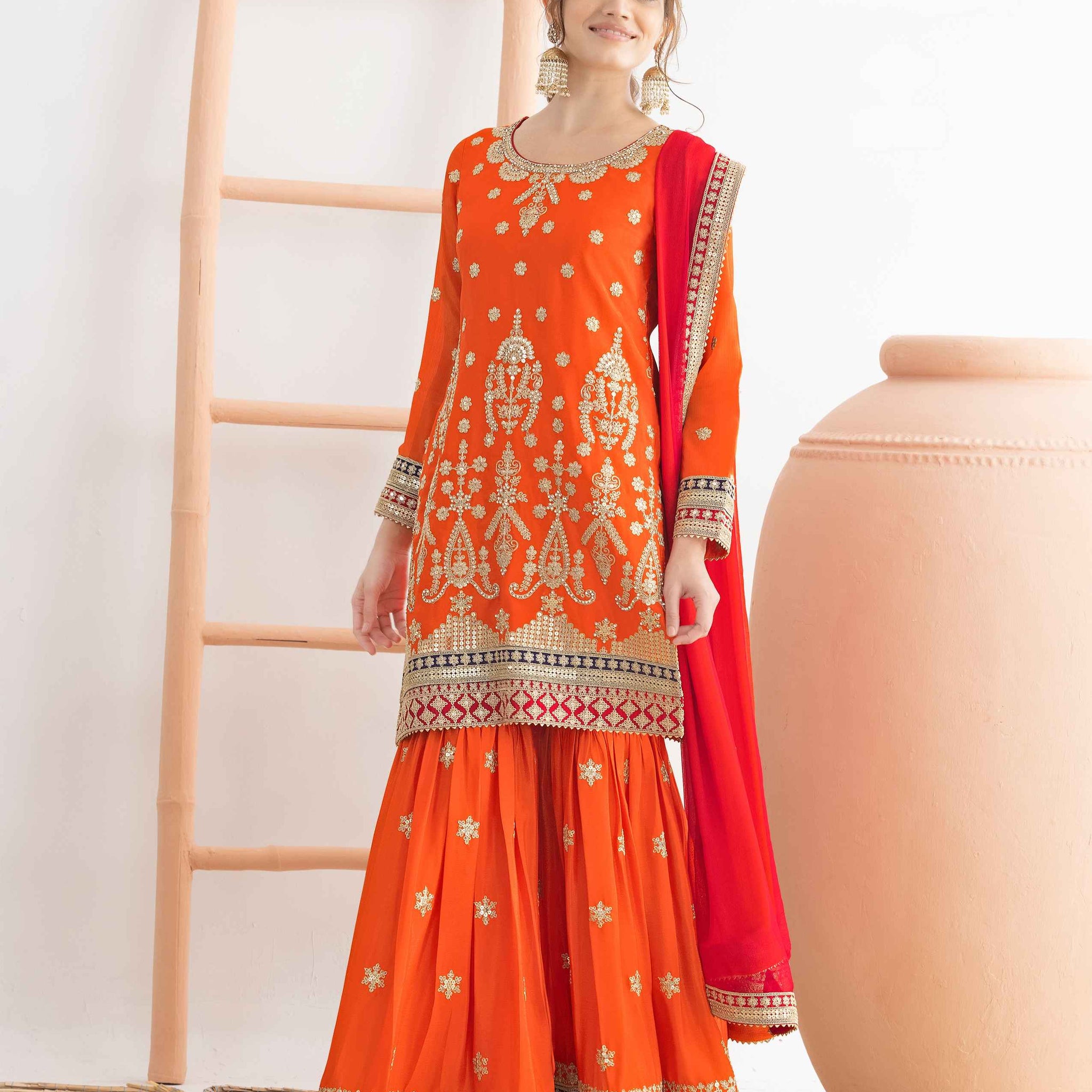 Orange Heavy Work Chinnon Sharara Suit with Red Dual Shade Dupatta