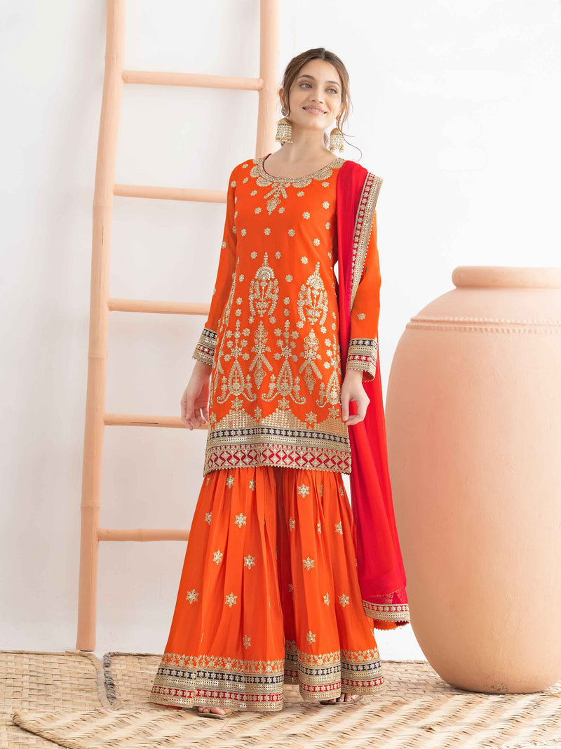 Orange Heavy Work Chinnon Sharara Suit with Red Dual Shade Dupatta