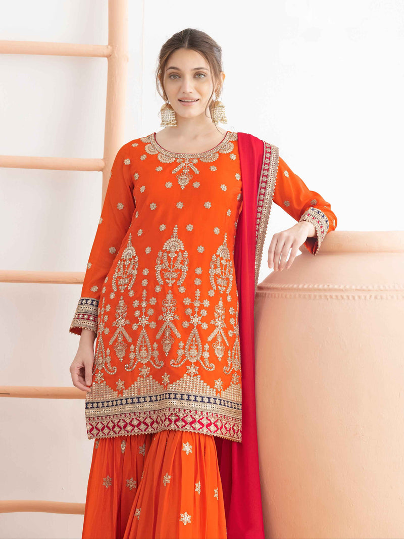 Orange Heavy Work Chinnon Sharara Suit with Red Dual Shade Dupatta