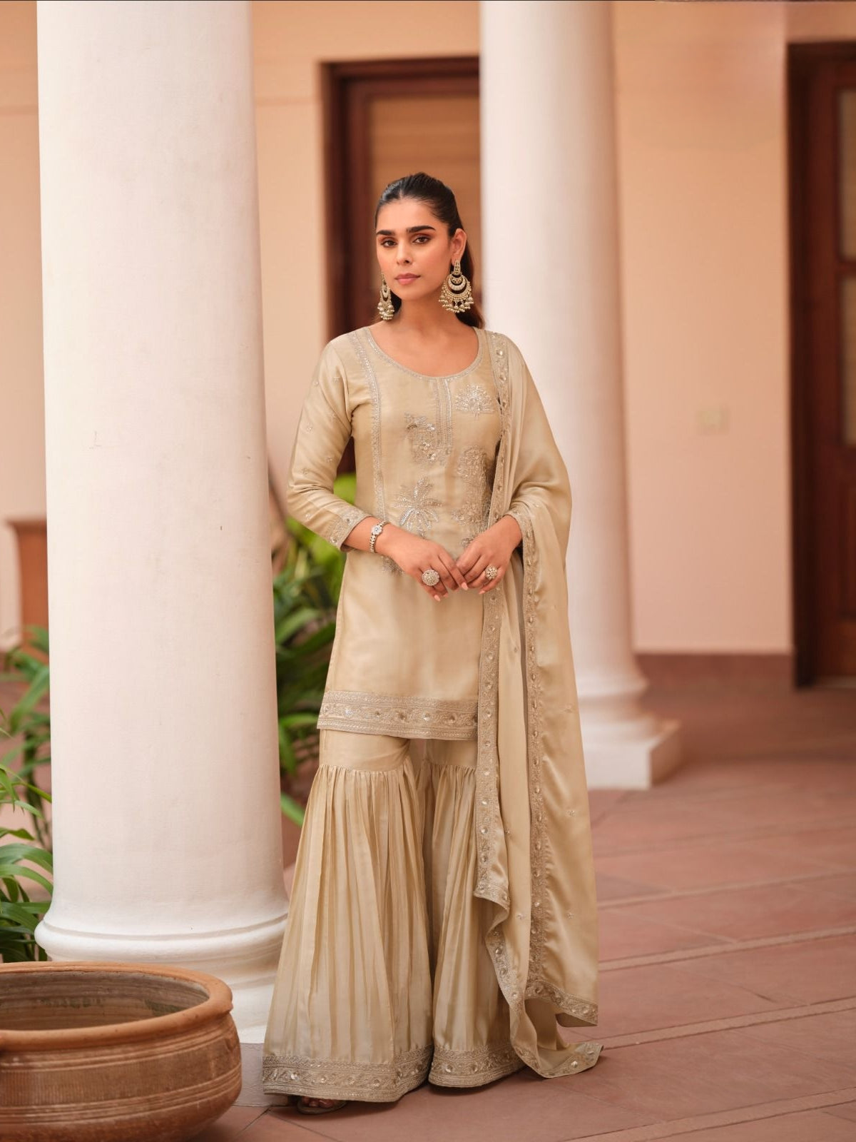 Beige Silk Satin Embroidered Sharara Suit with Matching Dupatta
