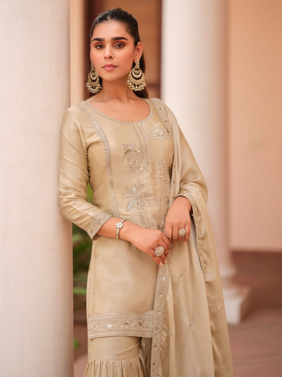 Beige Silk Satin Embroidered Sharara Suit with Matching Dupatta