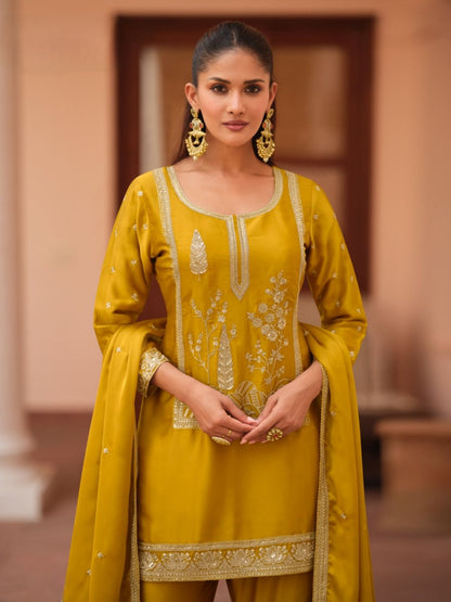 Mustard Yellow Silk Satin Sharara Suit with Heavy Embroidery Detailing Sharara Suit Anant Tex Exports Pvt.Ltd..