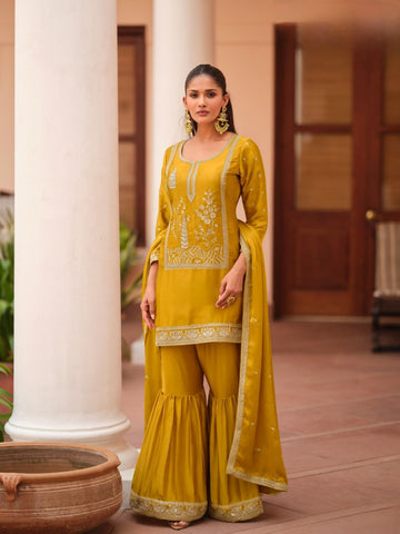 Mustard Yellow Silk Satin Sharara Suit with Heavy Embroidery Detailing