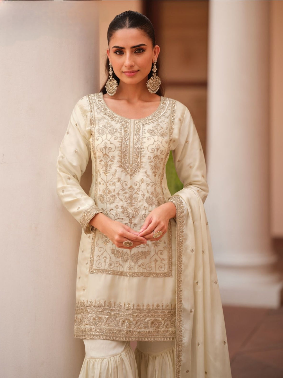 Off White Embroidered Silk Satin Sharara Suit with Dupatta