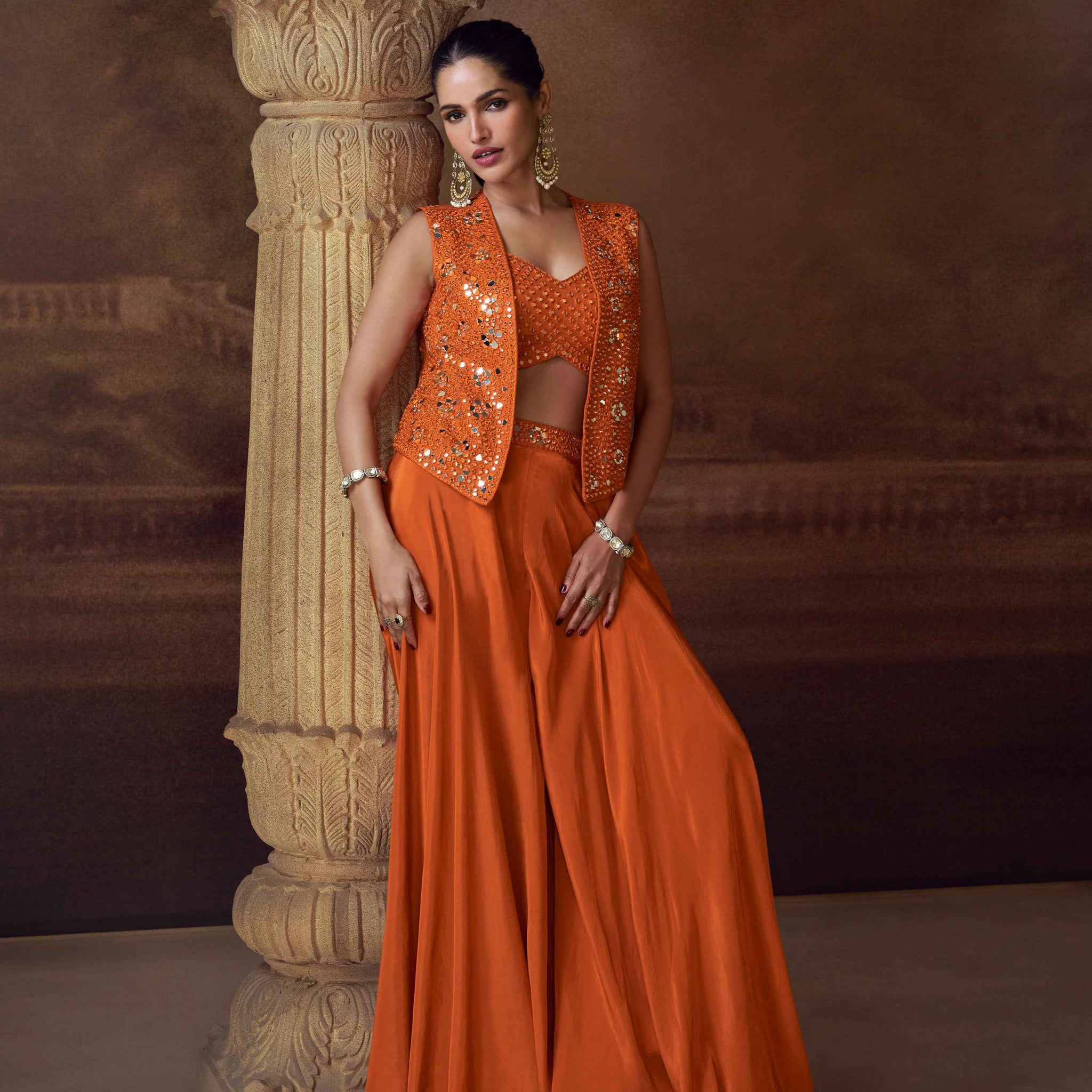 Rust Mirror Work Palazzo Suit with Embroidered Short Jacket