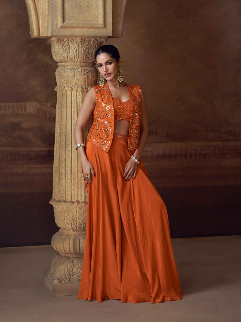 Rust Mirror Work Palazzo Suit with Embroidered Short Jacket