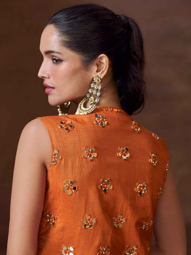 Rust Mirror Work Palazzo Suit with Embroidered Short Jacket