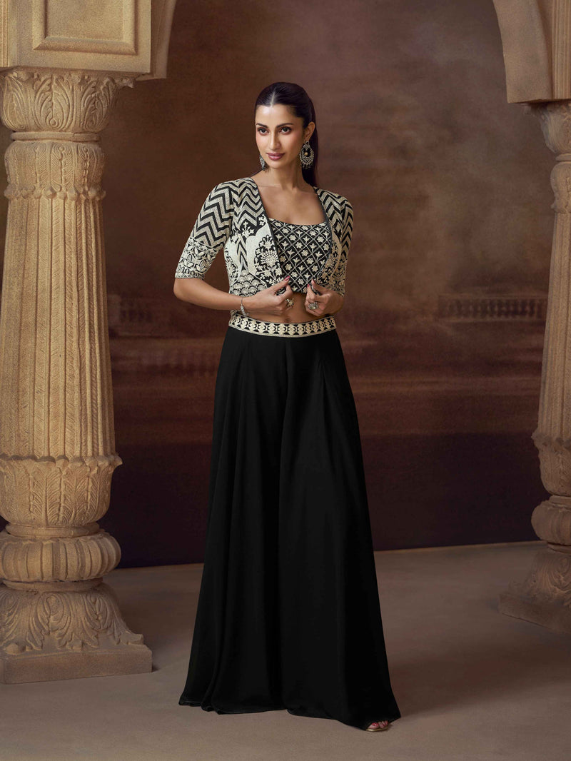 Black Chinon Silk Palazzo Suit with Embroidered Jacket